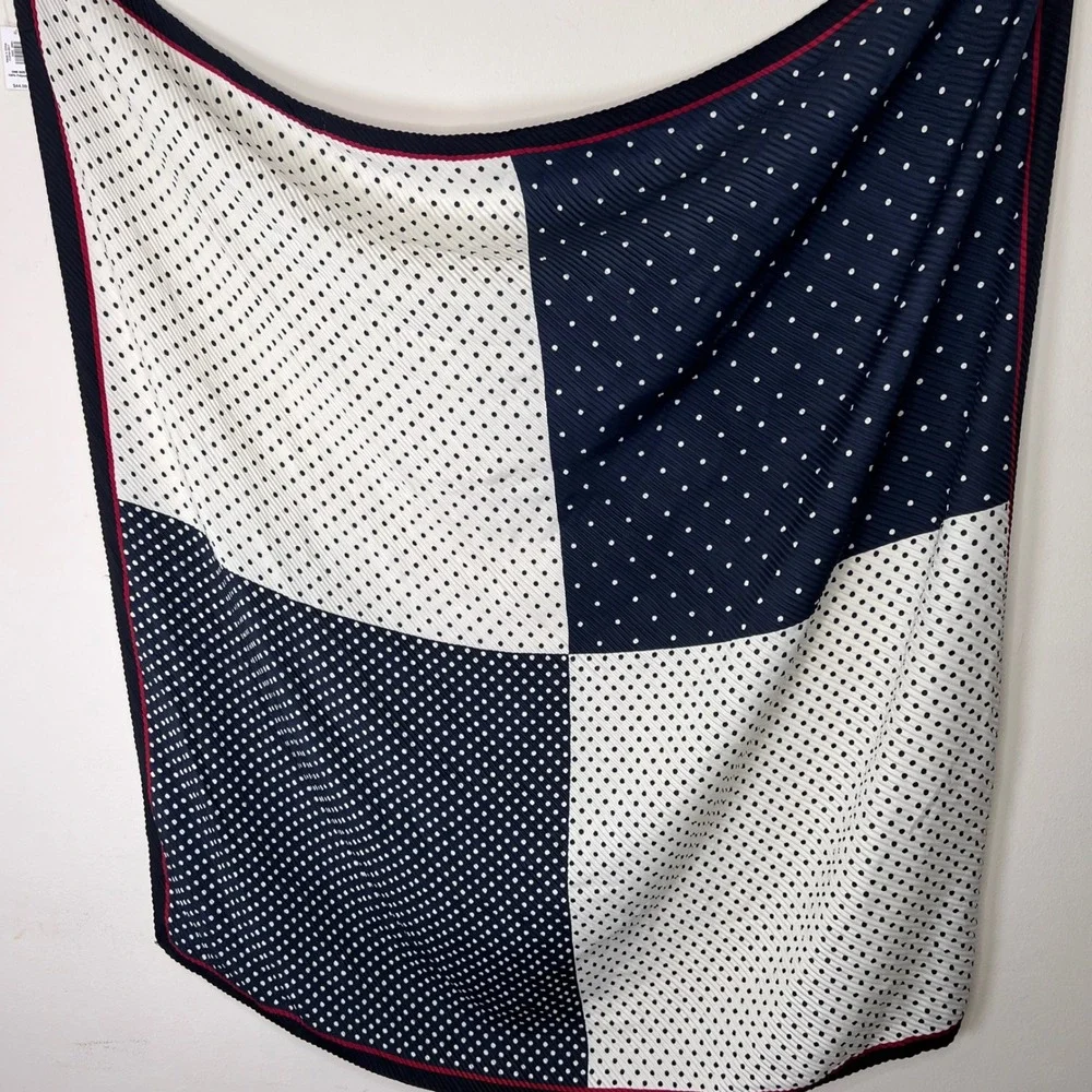 Banana Republic Polka Dot Pleated Scarf Square Navy White Red Coastal Chic NWT